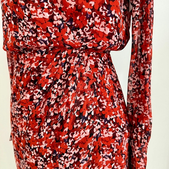 The Kooples Red Floral Long Sheer Sleeve Mini Wrap Dress Womens Size 0 Paris - Picture 4 of 16